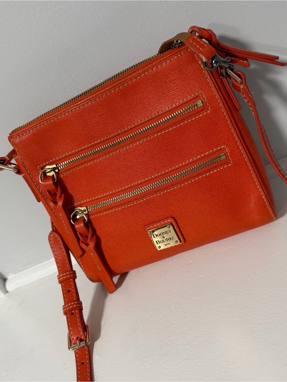 Dooney & Bourke Bright Orange Leather Crossbody with Double Zip Front